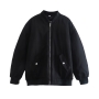 xs-xl autumn & winter new 5 colors solid color inelastic button pocket zip-up long sleeves stylish jacket_Black