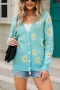 winter new two colors daisy knitted stretch v-neck single-breasted stylish casual sweater（only sweater)_Gray_Light Green
