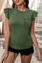 summer new stylish three colors solid color crew neck short sleeve with pocket ruffle stretch casual top_White_Brown_Green