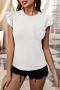 summer new stylish three colors solid color crew neck short sleeve with pocket ruffle stretch casual top_White