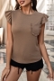 summer new stylish three colors solid color crew neck short sleeve with pocket ruffle stretch casual top_White_Brown