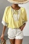 summer new stylish three colors solid color lace-up crew neck lace trim decor stretch casual top_White_Blue_Yellow