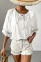 summer new stylish three colors solid color lace-up crew neck lace trim decor stretch casual top_White