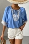 summer new stylish three colors solid color lace-up crew neck lace trim decor stretch casual top_White_Blue