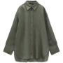 xs-l summer new stylish three colors lapel solid color button long sleeve stretch casual top_White_Dark Green