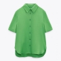 xs-l summer new stylish two colors lapel solid color button short sleeve inelastic satin casual top_Blue_Green