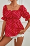 summer new 2 colors polka dot batch printing stretch off-the-shoulder frill trim shirring stylish casual blouse(only blouse)_Black_Red