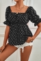 summer new 2 colors polka dot batch printing stretch off-the-shoulder frill trim shirring stylish casual blouse(only blouse)_Black