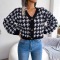 autumn & winter new 3 colors stretch houndstooth knitted single-breasted lantern long sleeves loose stylish sweater_Black
