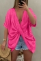 summer new 7 colors special fabric solid color inelastic short sleeve  deep-v-neck kink stylish casual loose top(only top)_Black_White_Purple_Light Green_Pink_Magenta