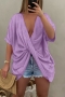 summer new 7 colors special fabric solid color inelastic short sleeve  deep-v-neck kink stylish casual loose top(only top)_Black_White_Purple