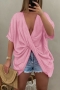 summer new 7 colors special fabric solid color inelastic short sleeve  deep-v-neck kink stylish casual loose top(only top)_Black_White_Purple_Light Green_Pink