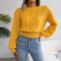 autumn & winter new 3 colors solid color stretch lantern long sleeves crew neck stylish knitted sweater_Blue_Yellow