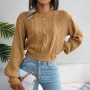 autumn & winter new 3 colors solid color stretch lantern long sleeves crew neck stylish knitted sweater_Blue_Yellow_Khaki 