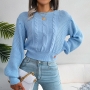 autumn & winter new 3 colors solid color stretch lantern long sleeves crew neck stylish knitted sweater_Blue