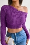 autumn & winter new stylish 3 colors solid color stretch knitted off-the-shoulder long sleeves slim exquisite crop sweater_Purple