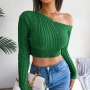 autumn & winter new stylish 3 colors solid color stretch knitted off-the-shoulder long sleeves slim exquisite crop sweater_Purple_Khaki _Green