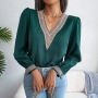 spring new 3 colors inelastic lace spliced v-neck long sleeves loose stylish blouse_Black_White_Green