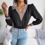 spring new 3 colors inelastic lace spliced v-neck long sleeves loose stylish blouse_Black