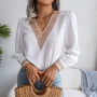 spring new 3 colors inelastic lace spliced v-neck long sleeves loose stylish blouse_Black_White
