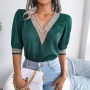 summer new stylish 3 colors inelastic v-neck elbow sleeves lace patchwork loose casual top_Black_White_Green