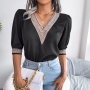 summer new stylish 3 colors inelastic v-neck elbow sleeves lace patchwork loose casual top_Black