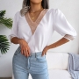 summer new stylish 3 colors inelastic v-neck elbow sleeves lace patchwork loose casual top_Black_White