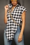 s-2xl plus size summer new 4 colors checked batch printing inelastic short sleeve turndown collar single breasted irregular stylish street casual blouse_Black