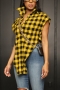s-2xl plus size summer new 4 colors checked batch printing inelastic short sleeve turndown collar single breasted irregular stylish street casual blouse_Black_Red_Blue_Yellow
