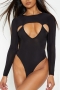 spring & summer new 6 colors solid color stretch long sleeve crew neck hollow slim stylish sexy bodysuit_Black