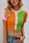 summer new two colors contrast color knitted high stretch single-breasted short sleeves stylish all-match crop top_Blue_Green