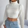 autumn & winter new 3 colors solid color stretch long sleeves high neck stylish crop sweater_White