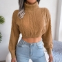 autumn & winter new 3 colors solid color stretch knitted long sleeves high neck fashion crop sweater_Dark Green_Khaki 