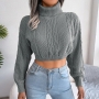 autumn & winter new 3 colors solid color stretch knitted long sleeves high neck fashion crop sweater_Dark Green_Khaki _Gray