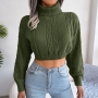 autumn & winter new 3 colors solid color stretch knitted long sleeves high neck fashion crop sweater_Dark Green