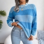 autumn & winter new 3 colors stretch stripe knitted crew neck long sleeves loose stylish sweater_Black_Blue