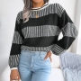 autumn & winter new 3 colors stretch stripe knitted crew neck long sleeves loose stylish sweater_Black