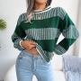 autumn & winter new 3 colors stretch stripe knitted crew neck long sleeves loose stylish sweater_Black_Blue_Green