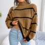 autumn & winter new 3 colors stripe knitted high neck stretch lantern long sleeves casual sweater_White_Dark Green_Khaki 