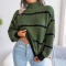 autumn & winter new 3 colors stripe knitted high neck stretch lantern long sleeves casual sweater_White_Dark Green