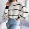 autumn & winter new 3 colors stripe knitted high neck stretch lantern long sleeves casual sweater_White