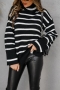 winter new two colors stripe knitted high stretch turtleneck loose stylish sweater_Black