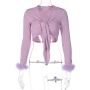 summer new stylish four colors solid color deep v-neck lace-up feather decor slight stretch exquisite crop top_Black_White_Purple