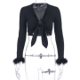 summer new stylish four colors solid color deep v-neck lace-up feather decor slight stretch exquisite crop top_Black