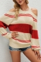 winter new 4 colors knitted contrast color knitted stripe stretch hollow stylish sexy sweater(only sweater)_Black_White_Beige