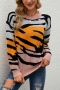 winter new 3 colors contrast color tiger knitted stretch long sleeve crew neck stylish casual sweater_Purple_Orange