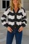 winter new three colors stripe knitted high stretch v-neck single-breasted stylish all-match sweater_Black