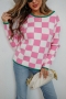 winter new three colors plaid knitted high stretch stylish all-match sweater_Red_Pink