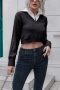 winter new three colors stitching knitted stretch zip-up stylish casual all-match crop sweater_Black