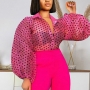 s-4xl plus size autumn new stylish polka dot mesh see-through single-breasted inelastic puff sleeve sexy shirt(without lining)_Black_Magenta